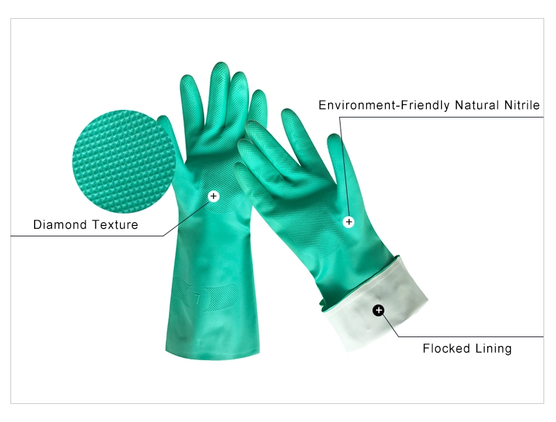 33cm Green Flocked Lining Nitrile Chemical Resistant Working Protect Glove